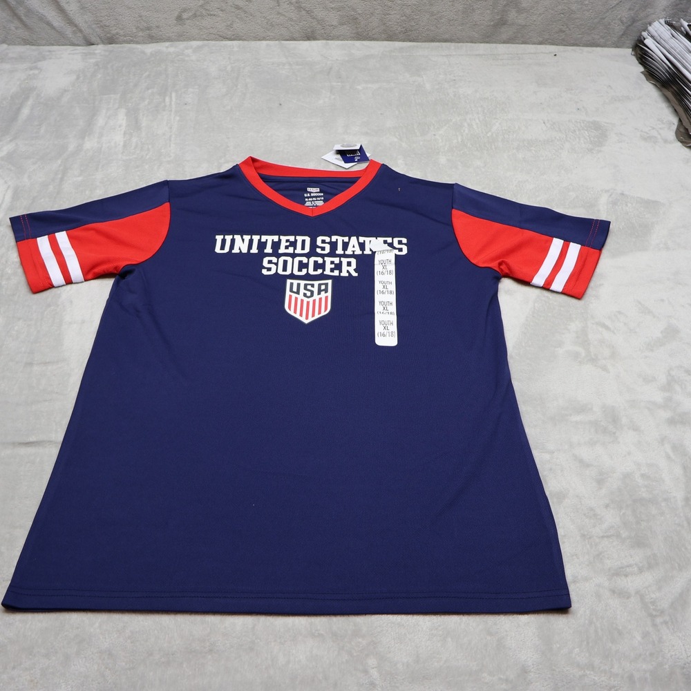 US Soccer Shirt Youth XL 16/18 Blue V-Neck Graphic Tee Athletic Jersey NEW